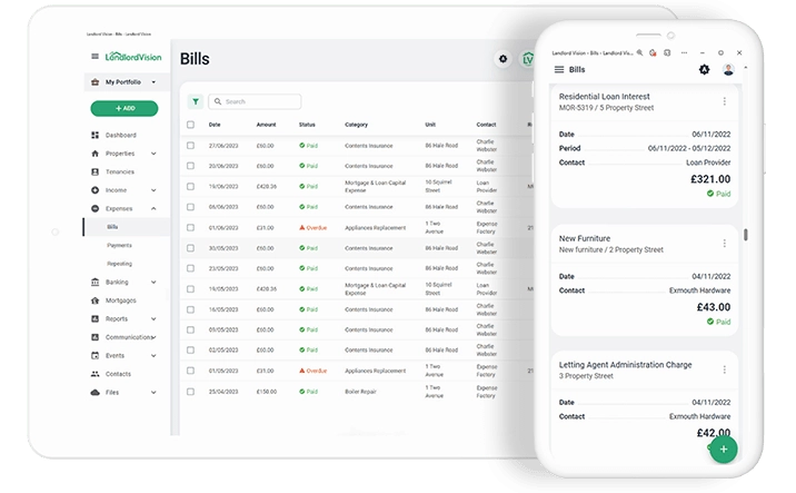 Software screenshot of the bills summary page in Landlord Vision. This page shows overdue and paid bills.