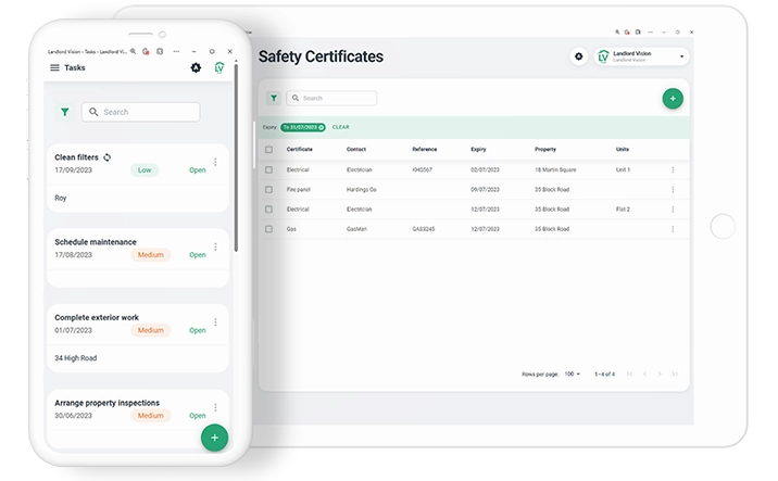 Software screenshot of task management feature in Landlord Vision and screenshot showing safety certificate expiry dates.