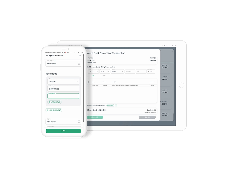 Software screenshots of the matching bank statement transactions feature in Landlord Vision and right to rent feature.