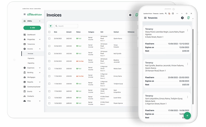 Software screenshot of paid and overdue invoices in Landlord Vision. Second screenshot of tenancy summary.