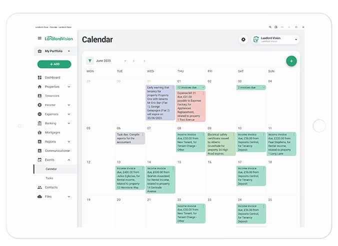 Software screenshot that shows the calendar view available in Landlord Vision software.