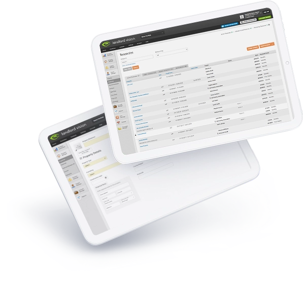 Two screenshots of the Landlord Vision software showing tenancy management and property details